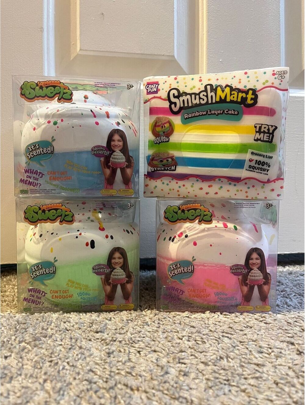4 Piece Dessert Squishy Bundle Scented Sweezz + SmushMart Rainbow Cake